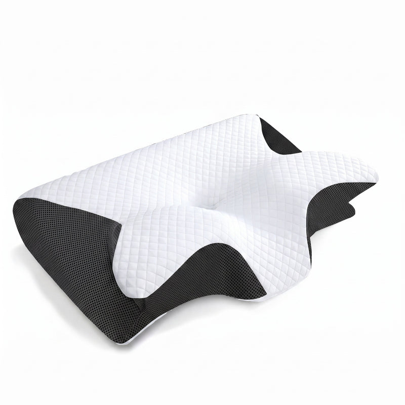 SnoozeLab ergonomic memory foam pillow in white, contoured for neck support