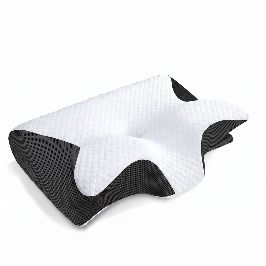 SnoozeLab ergonomic memory foam pillow in white, contoured for neck support