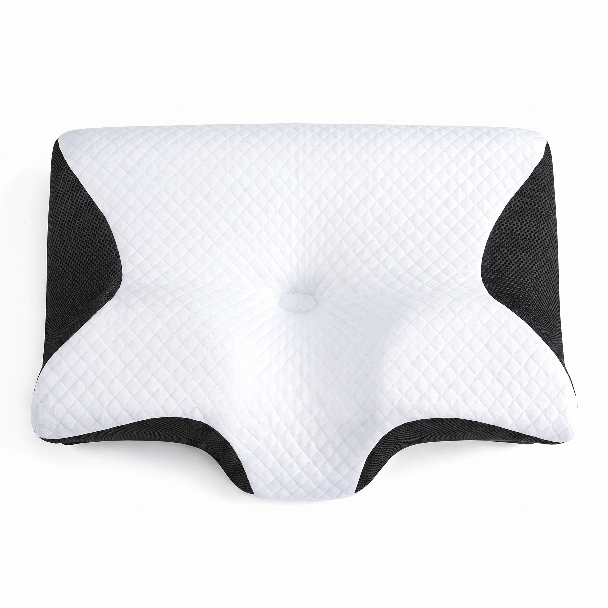 Top view of the SnoozeLab ergonomic pillow showing its contoured neck curve