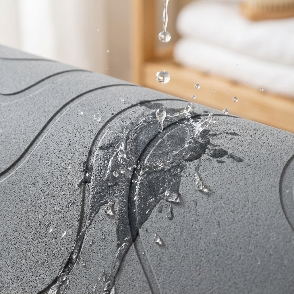 Water droplets absorbing instantly into the stone mat