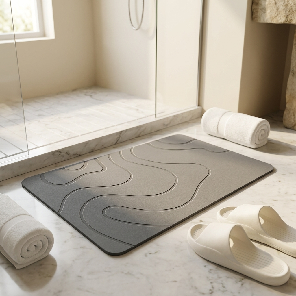 Livora stone bath mat styled beside a walk-in shower