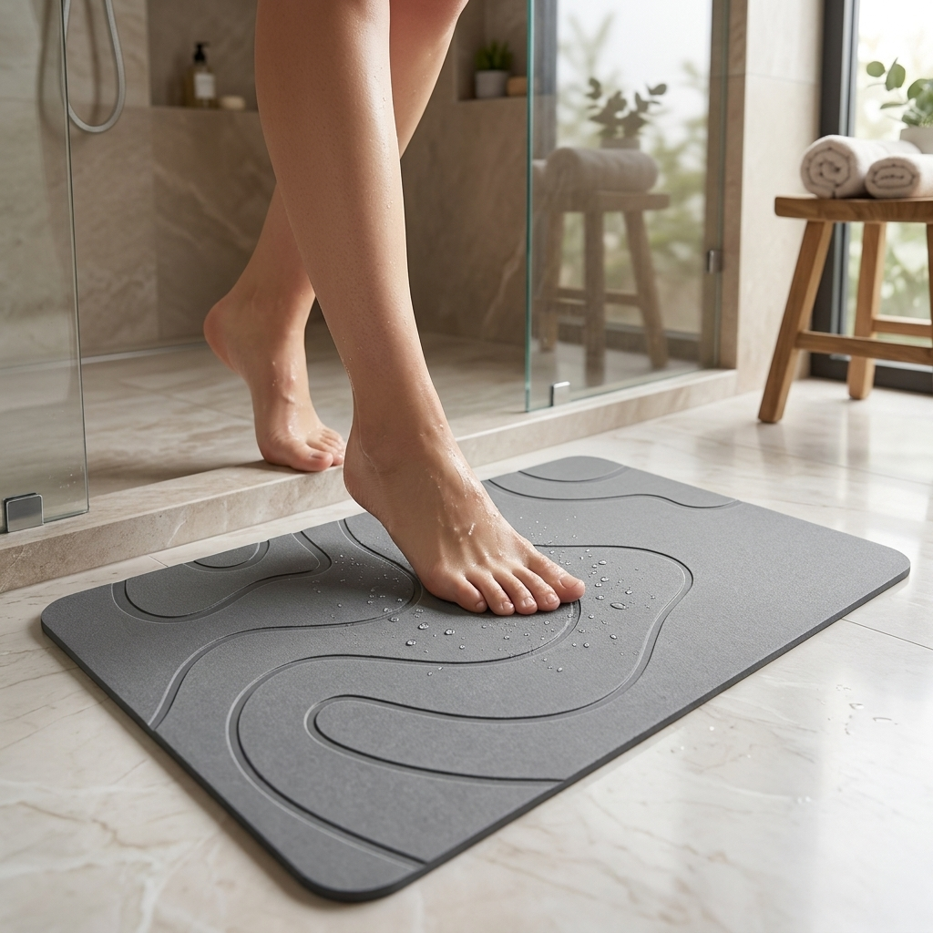 Bare feet on the Livora stone bath mat, dry underfoot