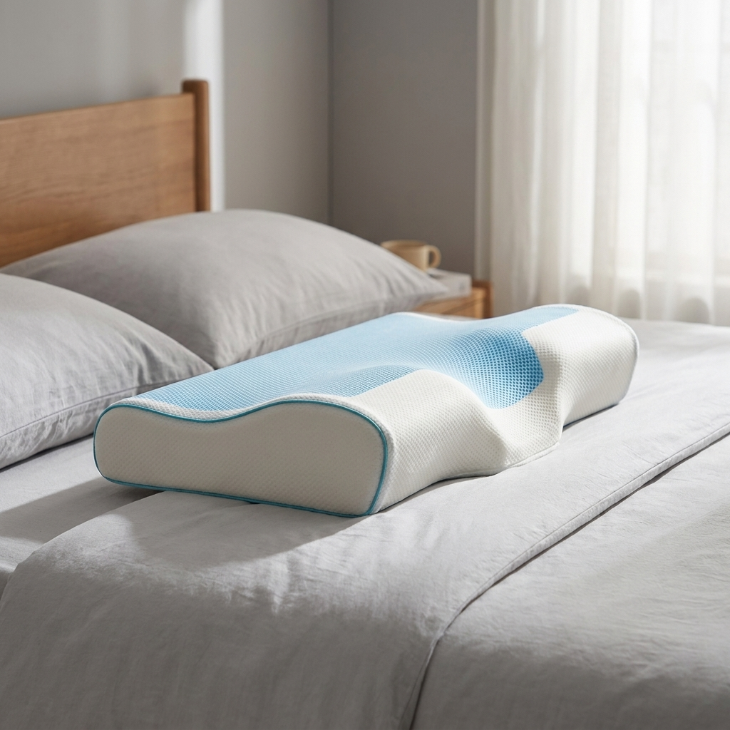 Contoured cervical pillow side profile on bed