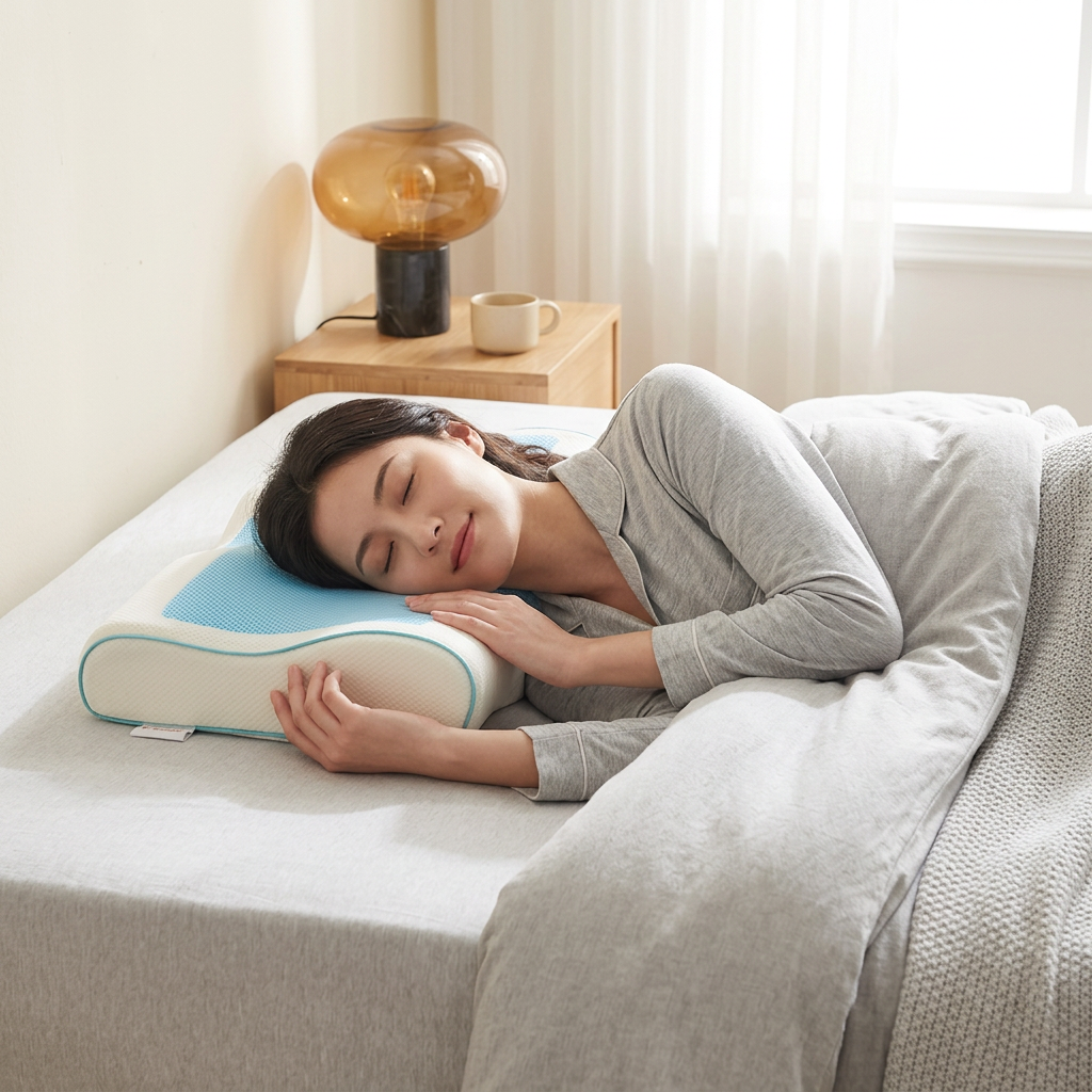 Woman sleeping comfortably on the cooling gel pillow