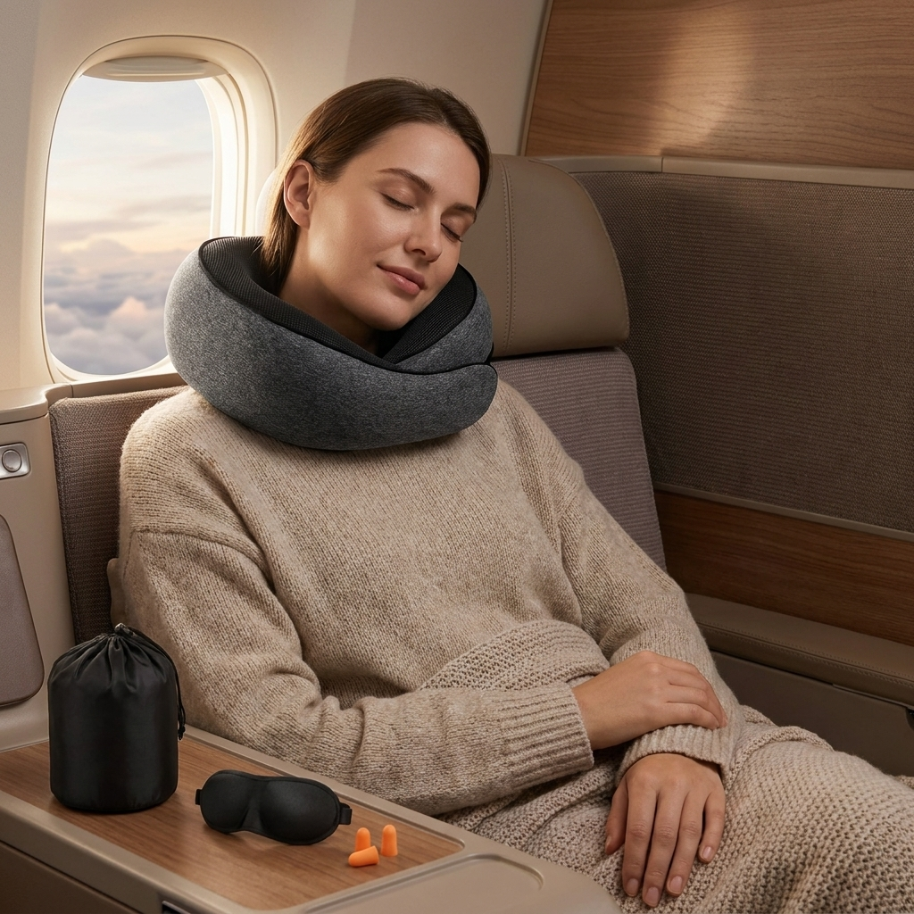Woman using the travel neck pillow on a plane