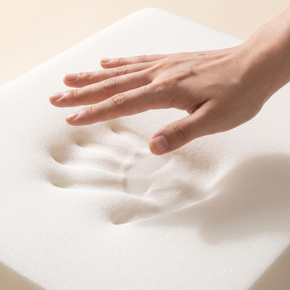 Hand pressing into dense memory foam showing slow-recovery texture