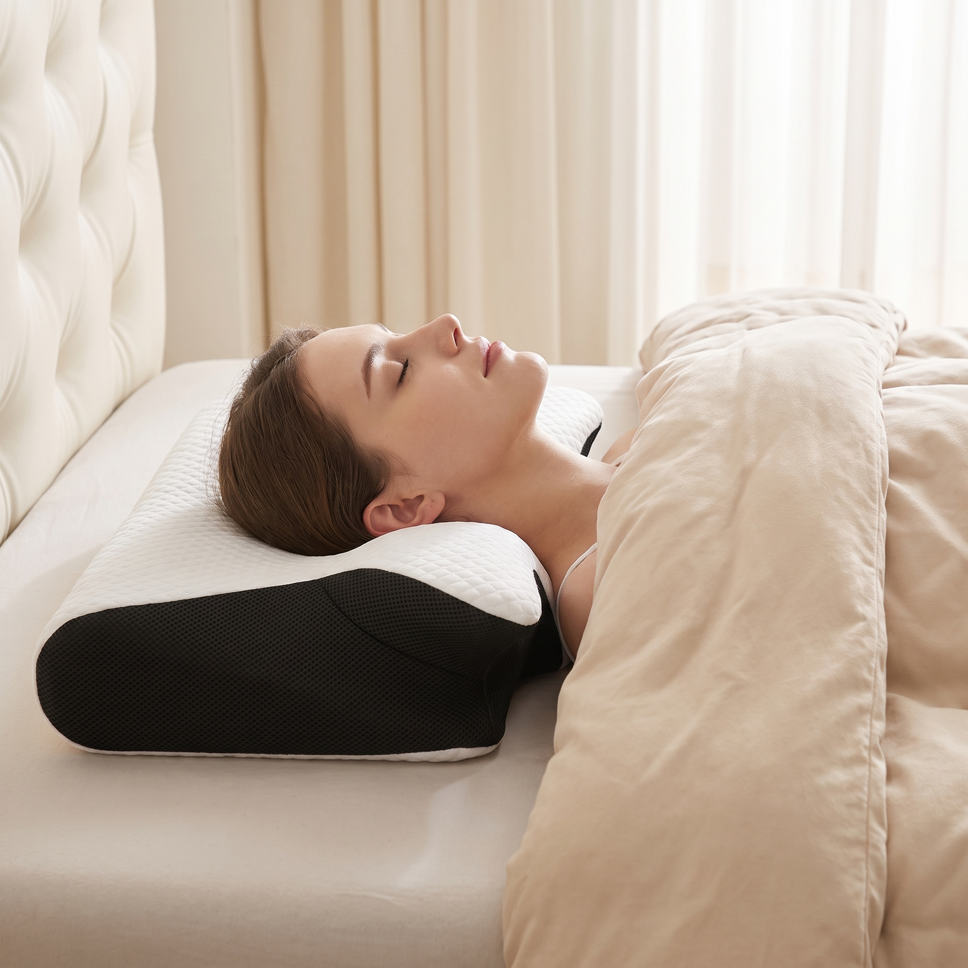 Woman sleeping peacefully on ergonomic pillow in soft dawn light