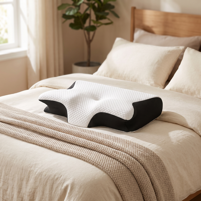 Ergonomic pillow styled on a made bed in a warm bedroom