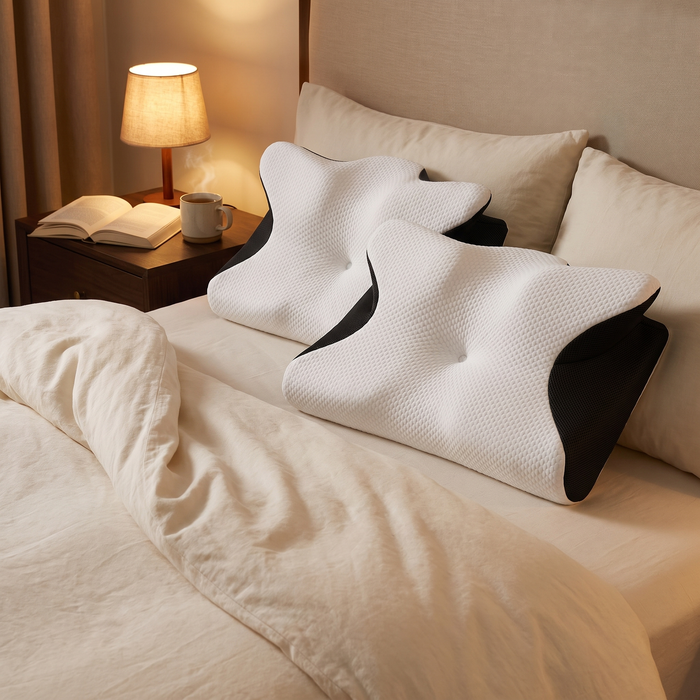 Calm evening bedroom with two ergonomic pillows on the bed