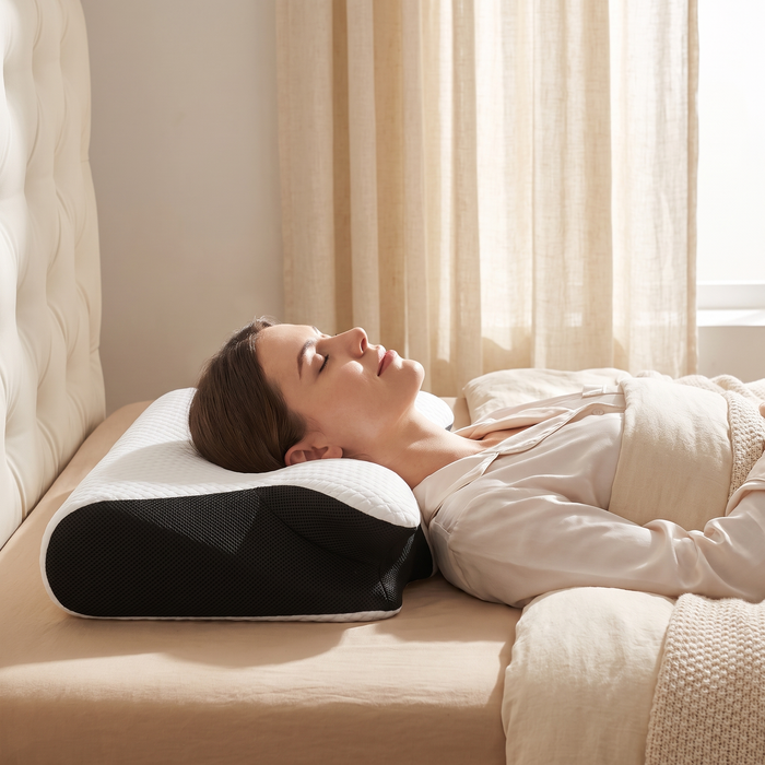 Woman sleeping on her side with neck supported by ergonomic pillow